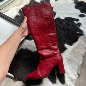 Red Croc-Embossed Knee-High Boots